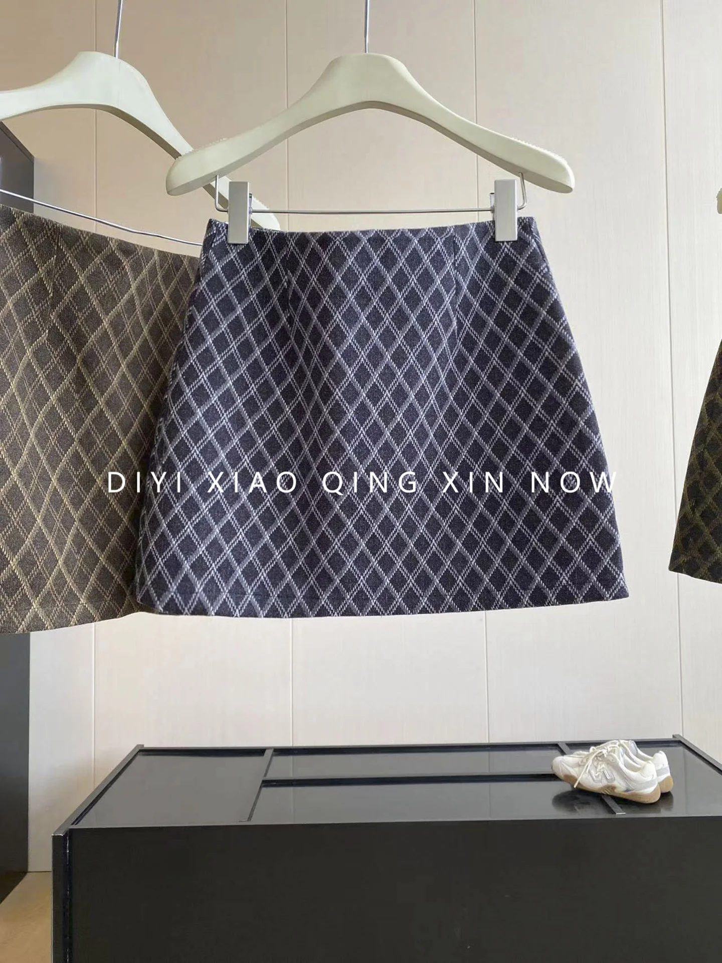 High Waist A-Line Woolen  Skirt Autumn Winter Diamond Pattern Color Block Thickened Grey Blue Versatile Bodycon Skirt