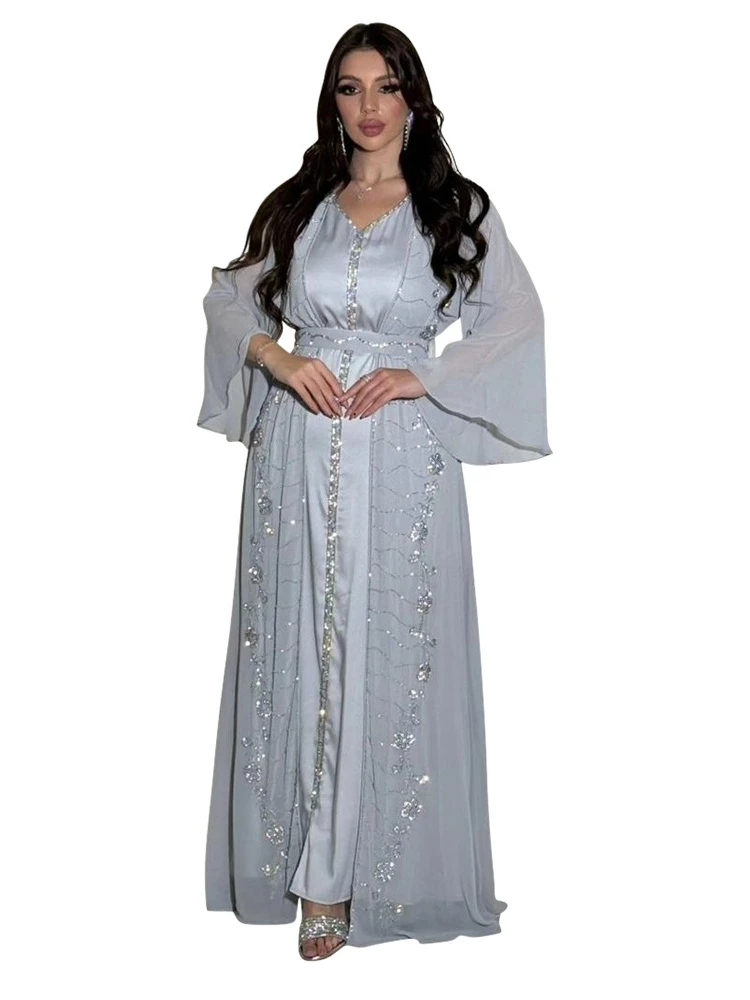 Eid Muslim Party Dress for Women Abaya 2 Piece Set Chiffon Diamond Ramadan Long Dress Belt Kaftan Vestidos Largos Robe Jalabiya