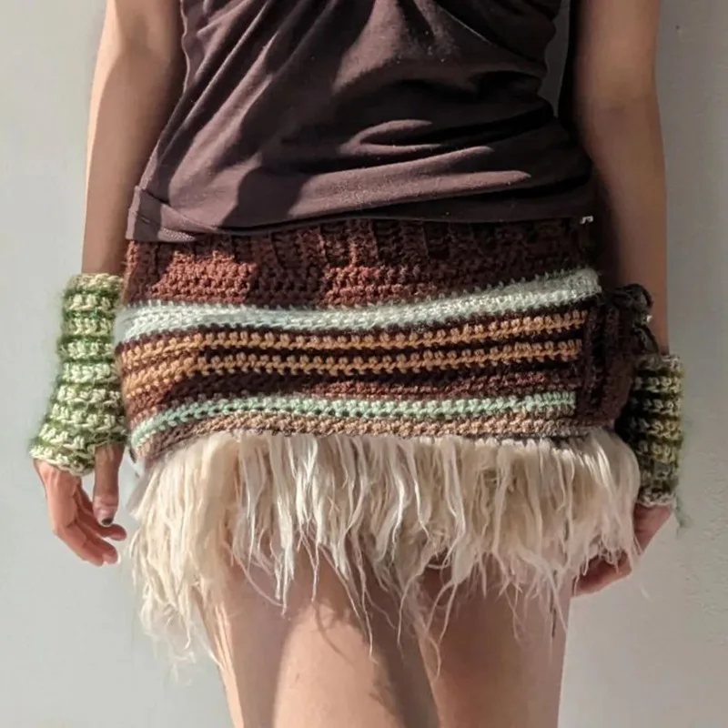 Ethnic Tribal Pastoral Color Woven Low Waist Short Skirt Nightclub Hot Girl Elastic Wool Hip Skirt Fluffy Girl Sexy Skirt
