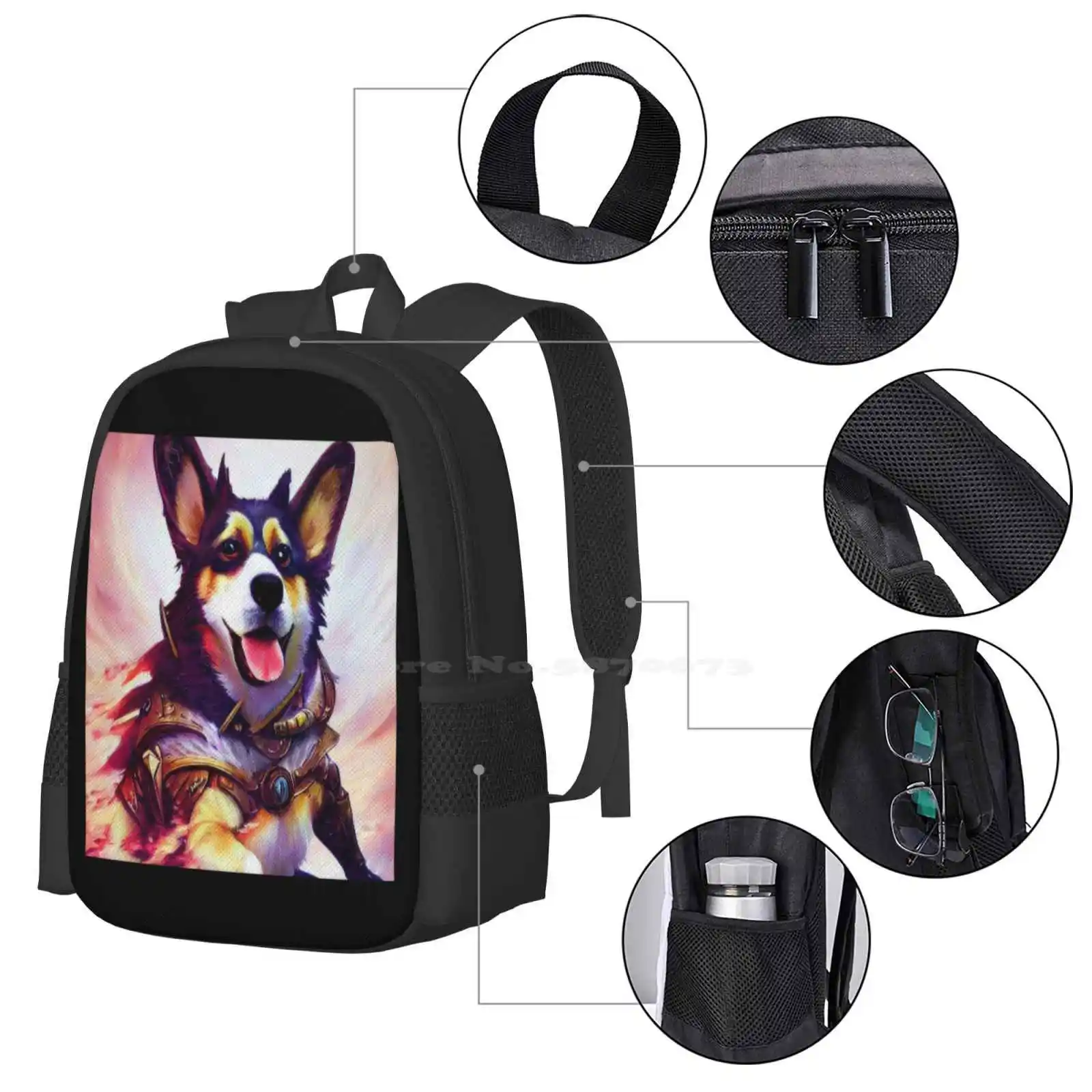 Ai Generated Art , War Corgi Pattern Design Laptop Travel School Bags Ai Art Ai Generated Art Pets Ai Corgi War Corgi Battle