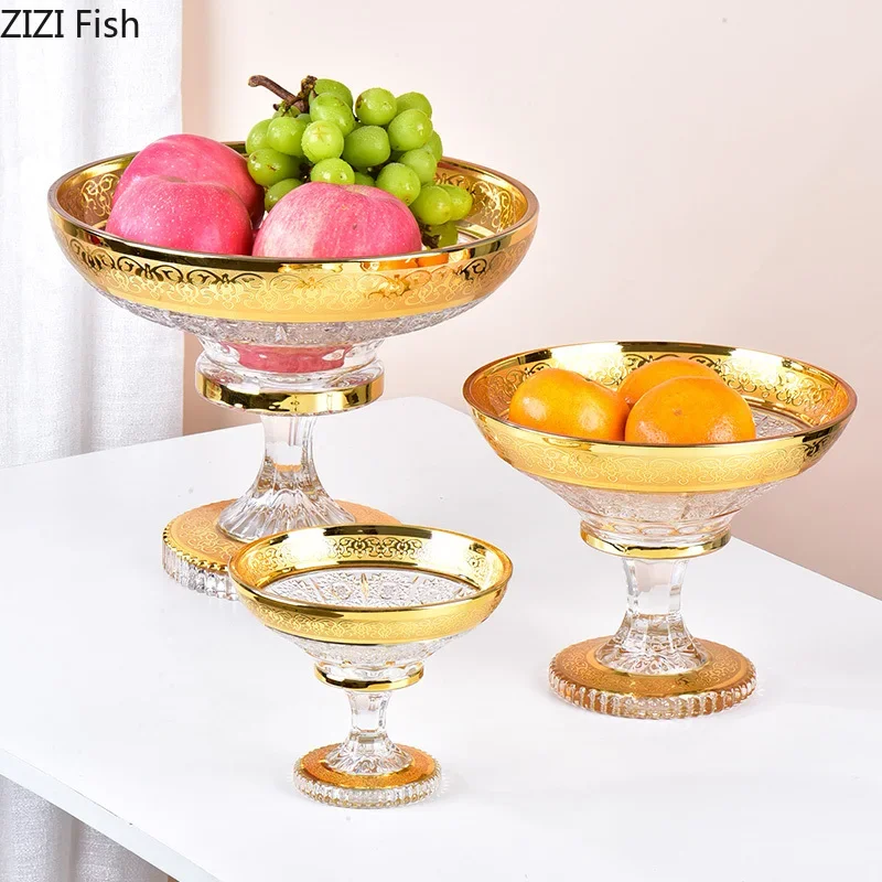 Golden Glass Tray Fruit Dish Desktop Storage Geometry Tall Feet Kitchen Storage Crystal Glass Plate Modern Home Decoration