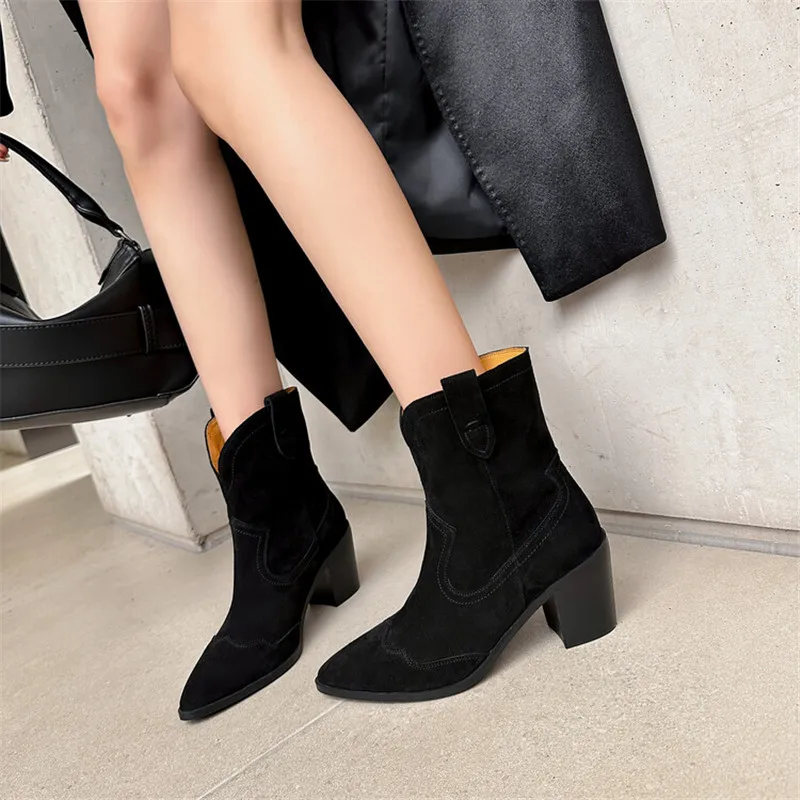 2023 Autumn/winter Women Boot Pointed Toe High Heels Cow Suede Western Boots for Women Handmade Knight Boots Zapatos Mujer