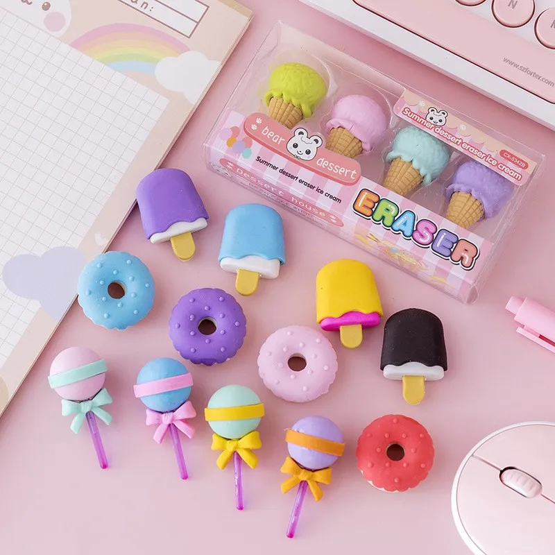 4pcs/box Eraser Kids School Student Award Yummy Dessert Erasers Set Mini Lollipop Icecream Popsicle Donuts Rubber