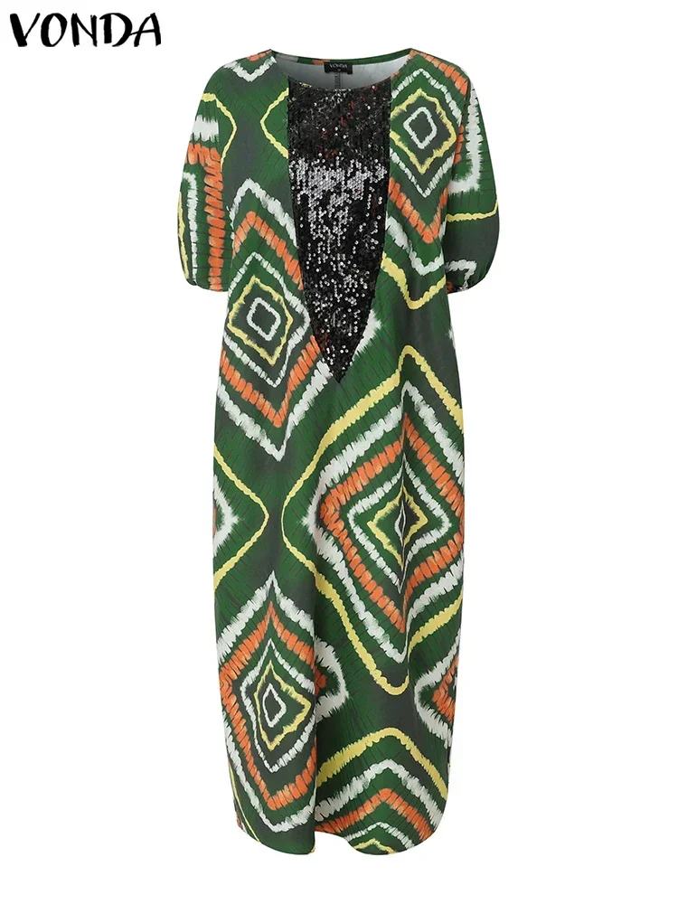 VONDA Women Bohemian Plus Size Dresses Summer Puff Sleeve Print Patchwork Long Maxi Sundress 2025 Vintage Fashion Party Robe 5XL