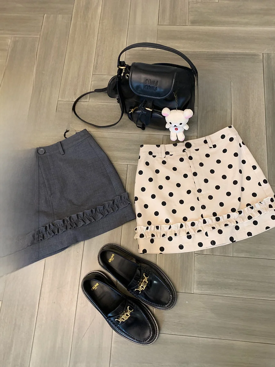 

CallmeEar Basic Quali Wood ain Ruffle Design Polka Dot ort Skirt Slimming A-Line f Skirt Cotton Casual Women's Skirt