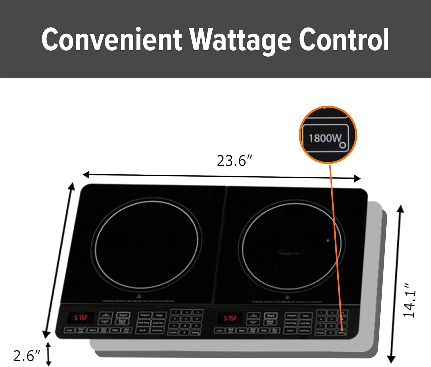 ダブルインダクションパワフルクックトップ、1800w、2つの大きな8 "加熱コイル、独立した制御、100〜fの94の温度設定