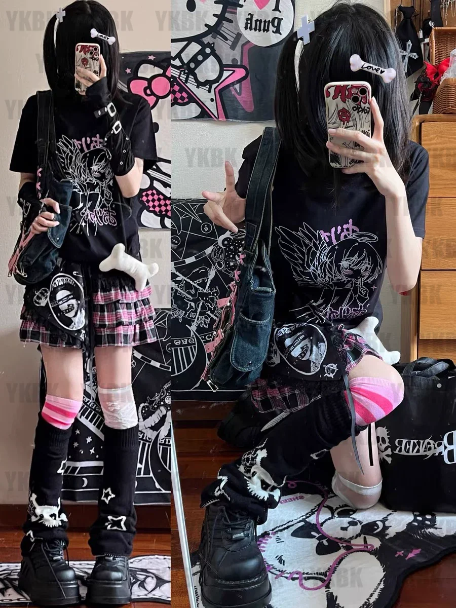 

Japanese Cartoon Printed Short Sleeve T-shirt Y2k Aesthetic White Grunge Tee Shirts Summer Fairycore Graphic Tee Vintage Tops