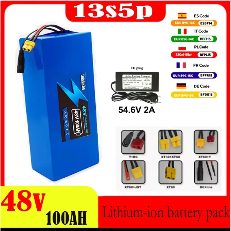 48V 100Ah 18650 Lithium-Batterie 13S5P mit integriertem intelligentem BMS, wiederaufladbar für 500-1000W Motoren + 54,6V Ladegerät