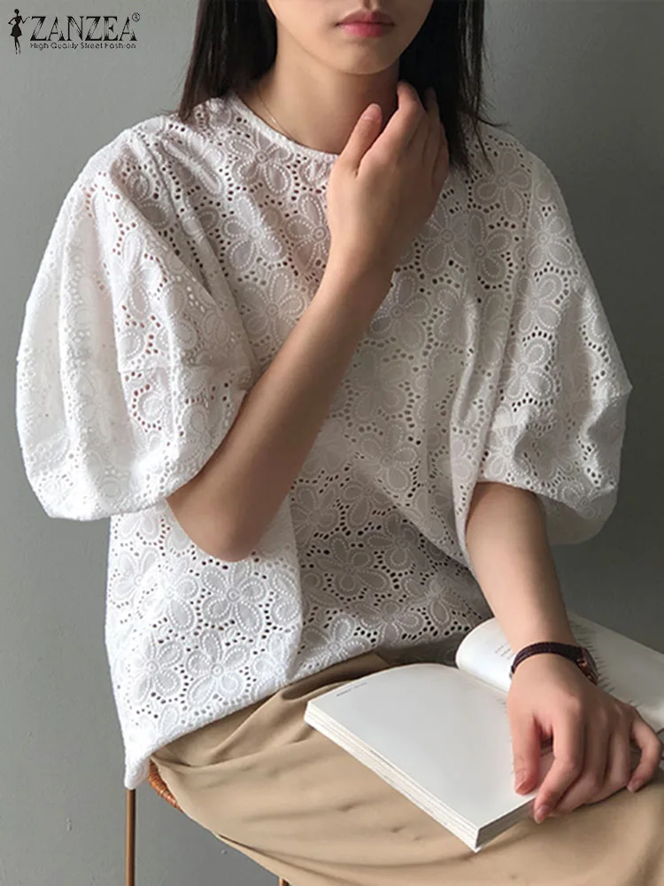 ZANZEA Elegant Hollow Out Blouse Women Summer Short Sleeve Loose Pullovers Oversized Puff Sleeve Tops Casual Solid Blusas Femme