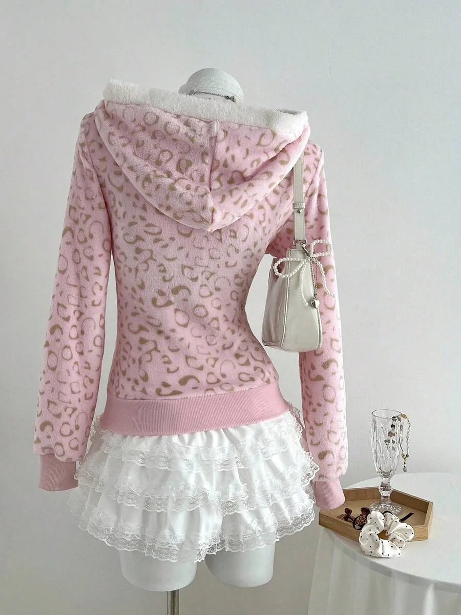 Y2k Harajuku pink leopard print Punk Kawaii Aesthetic American autumn winter Retro fashion zipup cardigan hooded slim fit Hoodie