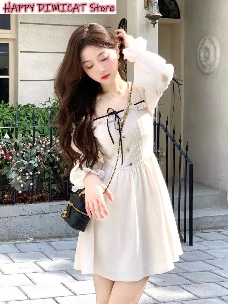 

Vintage One Piece Dress Elegant Korea Fashion Autumn Lolita Bandage Mini Dress for Women Party Y2K Casual Long Flare Sleeve