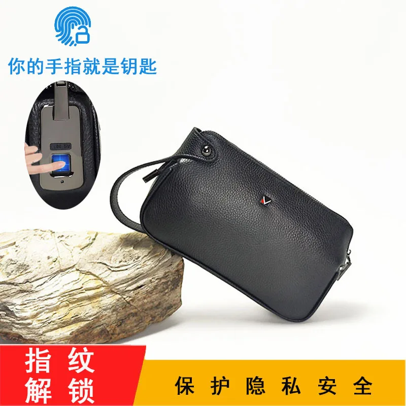 Lock Clutch Wrist Strap Handheld Bag For Phone Men's Business Genuine Leather Man Bags Handbag Portable Fingerprint Unlock