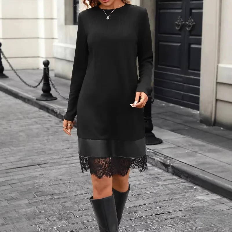 

2026 New Fashion Casual Solid Color Round Neck Long Sleeve Patchwork Lace Dress Women Midi Dress