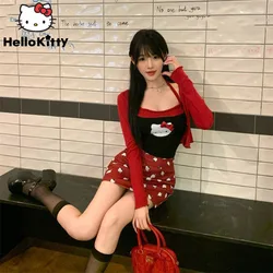 Sanrio Hello Kitty Cute Cartoon Printed Clothes Summer New Design Sweet Spicy Y2k Girl Suit  Korean Style Fashion Trend Red Sets