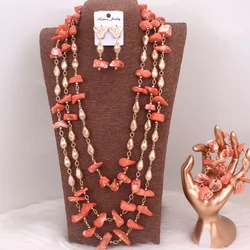 Dudo African Jewellery Sets for Women 2023 Nature Coral +Crystal Beads Long Design