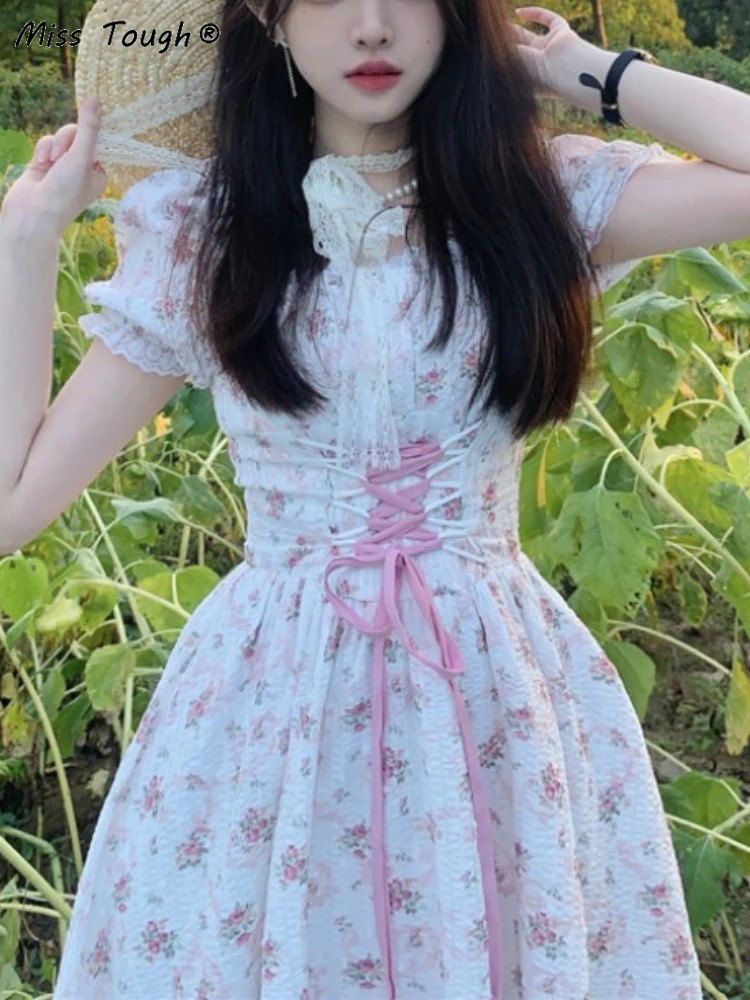 

Summer Floral Sweet Kawaii Fairy Dress 2023 Print Lace France Vintage Elegant Dress Women Puff Sleeve Korean Party Midi Dresses