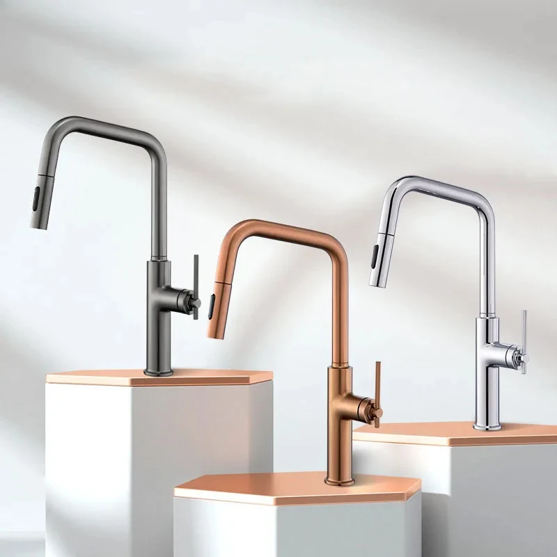 Rose Gold Brushed Brass Pull-out Kitchen Faucet Rotating Crane Extendable Hot Cold Water Grey/Black for Sink