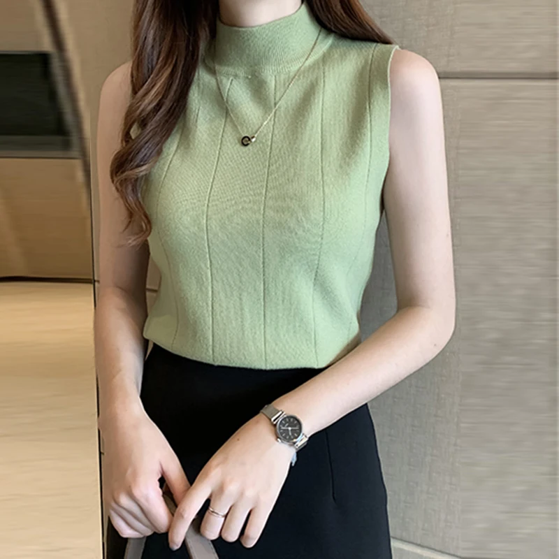 Half High Neck Sleeveless Knitted Top Solid Simple Casual Basic Women Clothes Autumn 2024 Lady Trend Skinny Vest Pit Stripe Tank