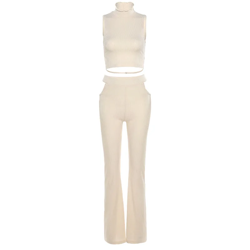 2023 estate nuove donne senza maniche a maniche corte t-shirt aperta sul retro vestito a due pezzi abbigliamento donna moda pantaloni dritti Slim