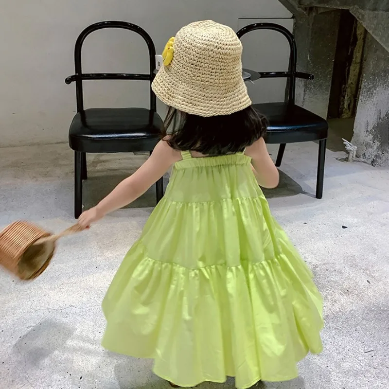 1-7T Summer Girls Dresses Solid Color Sleeveless Cool Beach Dress Cotton Casual Slip Mid Dresses Toddler Kids Suspender Vestidos