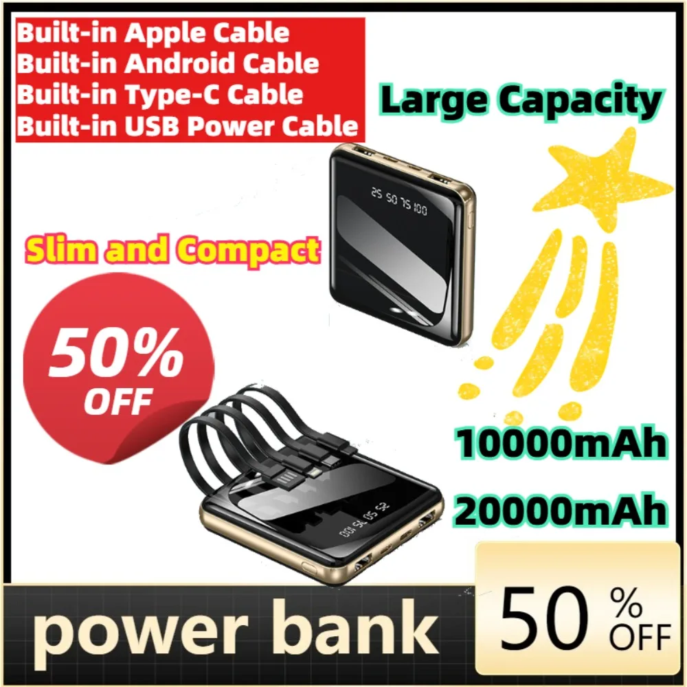 For IPhone Samsung 10000mAh 20000mAh Mini Power Bank Built-in 4 Cables Large Capacity Super Fast Charging External Battery