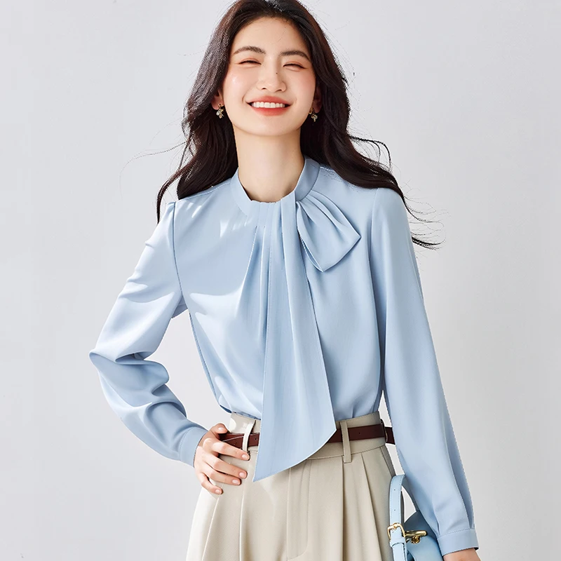 

French Blue Ribbon Shirt for Women 2026 Spring Summer Solid Work Business Button Down Shirts Loose Lady Blouse Clothing