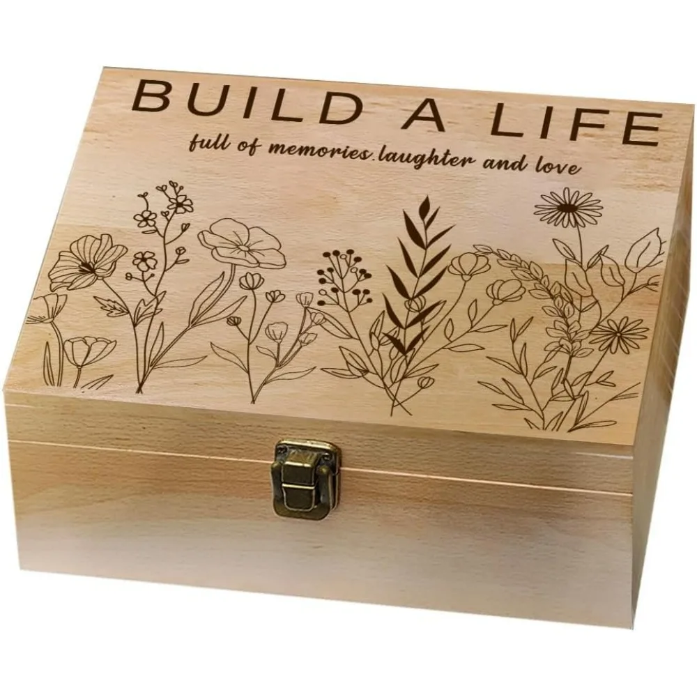 1 Pc Wood Memory Keepsake Box Line Wildflowers Build a Life Memory Box with Hinged Lids Laughter and Love Keepsake Chest