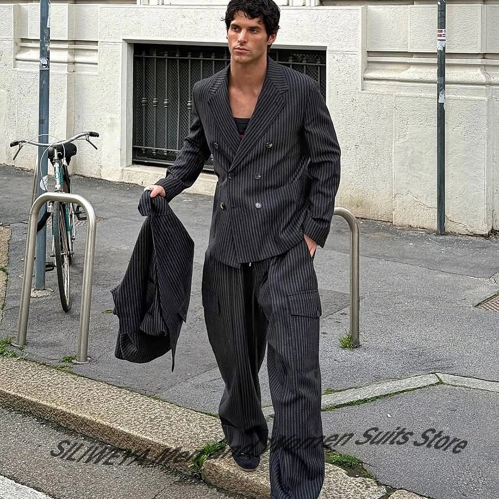 

Elegant Man Suit Pinstripe Double-Breasted Notch Lapel Two Piece(Jacket+Pants) Set Modern Streetwear Formal Evening Party Wear