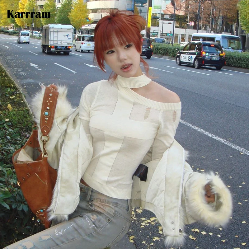 Karrram Japanese Y2k Knitted Tops 2000s Aesthetics Long Sleeve Knit T-shirt Vintage Harajuku Off Shoulder Knitwear Korean Style