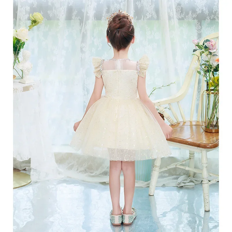 Sequins Tulle Children's Princess Wedding Dress Flower Girl Evening Party Dress for Kids Baby Girl Pageant First Communion Gown