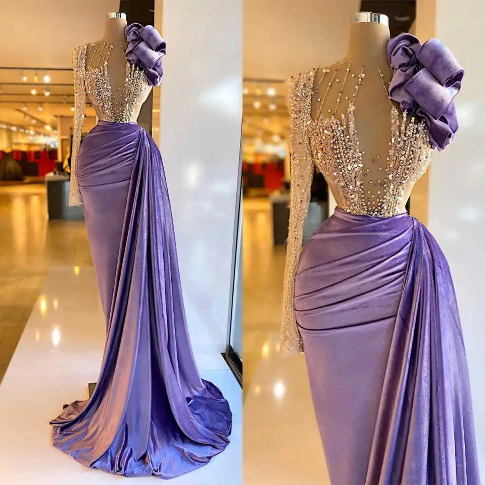 Luxury Purple Velvet Prom Dresses Long Sleeves Beads Crystals Evening Dress Exquiste Birthday Party Gowns Robes De Soiree