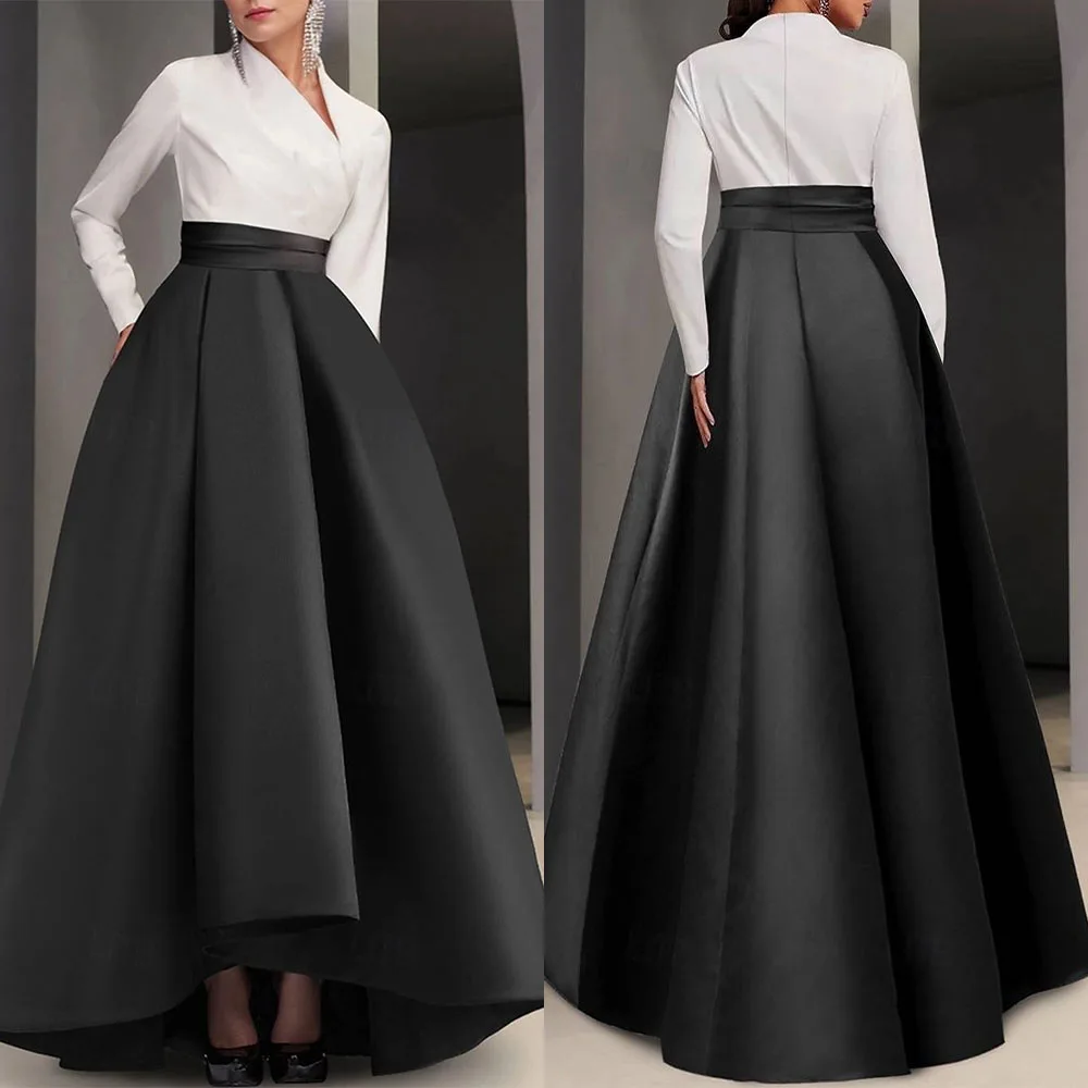 High Quality Customized Long Sleeved and Floor Skirt V-neck Zipper Women White and Black  Vestidos Para Bodas Mujer Invitada