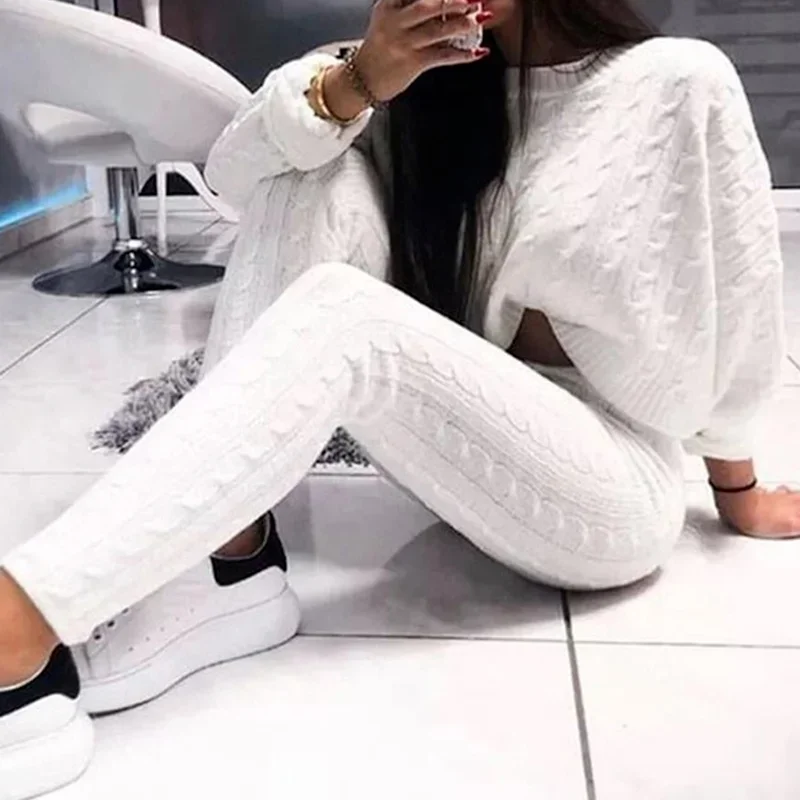 

Long-sleeved Loose Round Neck Cross-knit Sweater and High-waist Pencil Pants Suit Ladies Fashion Winter and Autumn 2-piece Suit