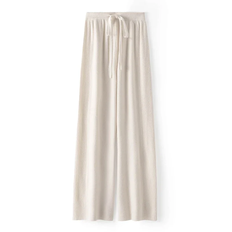 

Women's Autumn/Winter Side Pleat Pure Cashmere Wide Leg Pants with Elastic Waist and Drawstring for a Relaxed Fit, Available in