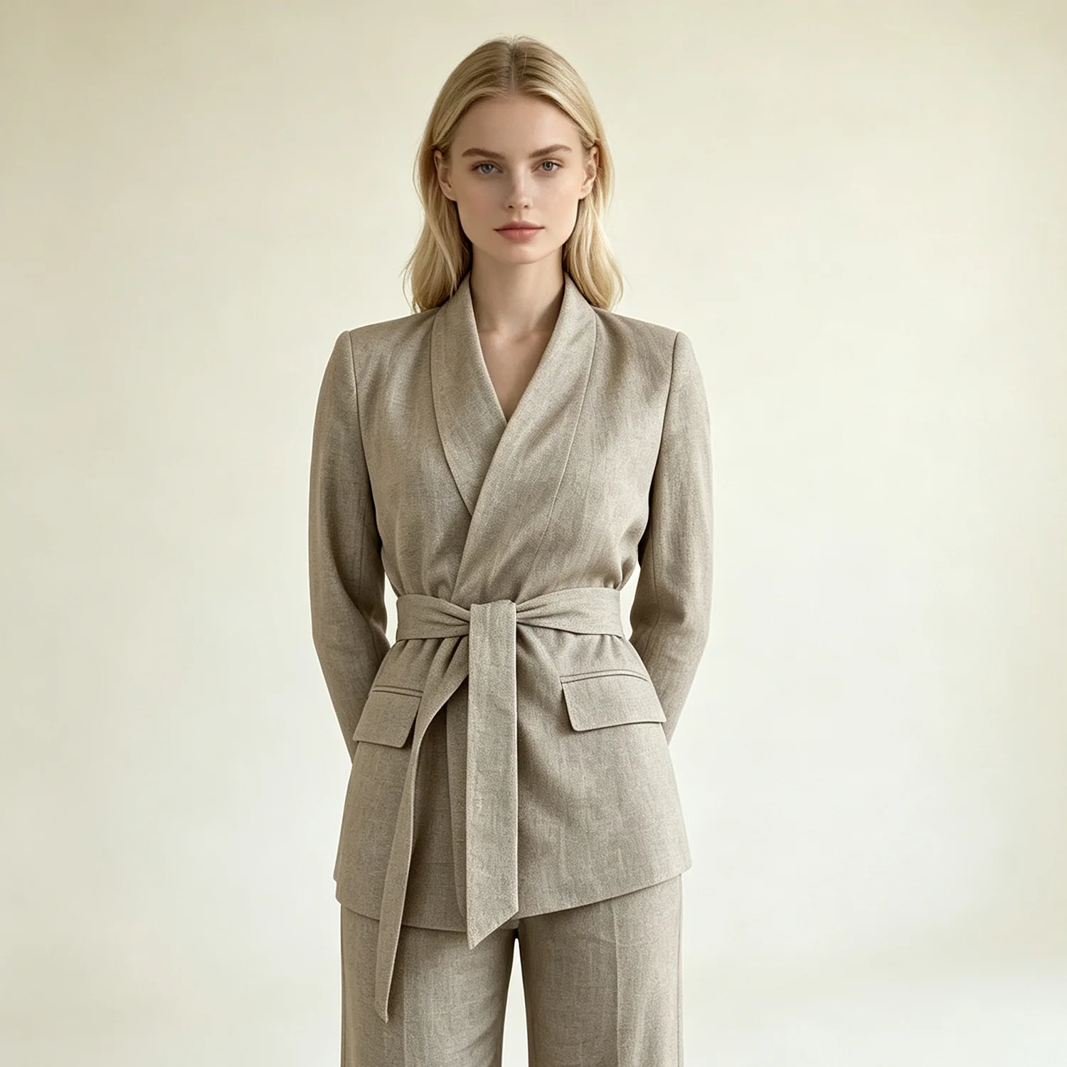 PUAL 2026 Wrap Belted Blazer, V-neck textured suit jacket, tie waist, loose elegant fit for office business daily use