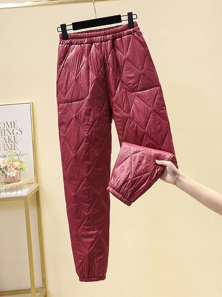Lightweight Fem down Cotton Pants High Waist Polyester Fabric Outerwear Leisure Trousers Thiened Long Pants Lantern Sle