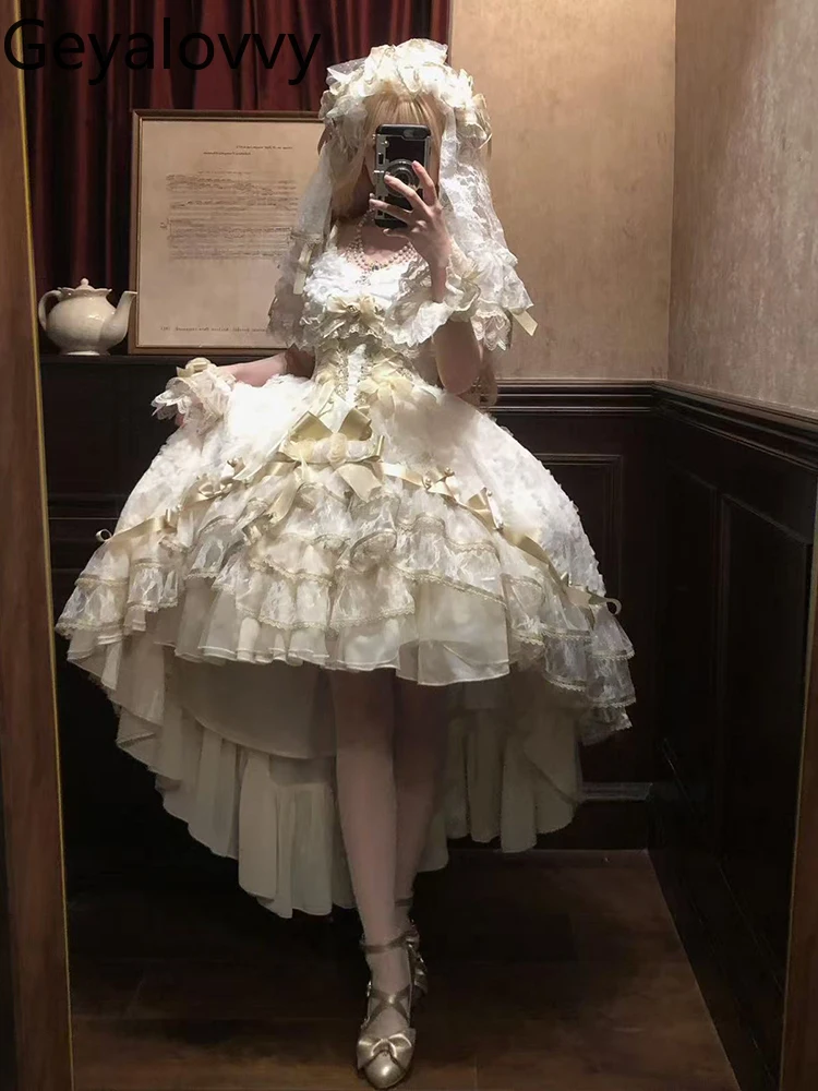 فستان سهرة لوليتا ياباني بعقدة ذهبية لحفلات الزفاف بخصر عالٍ وأكمام قصيرة لحفلات أعياد الميلاد فستان أداء الأميرة الحلوة #2