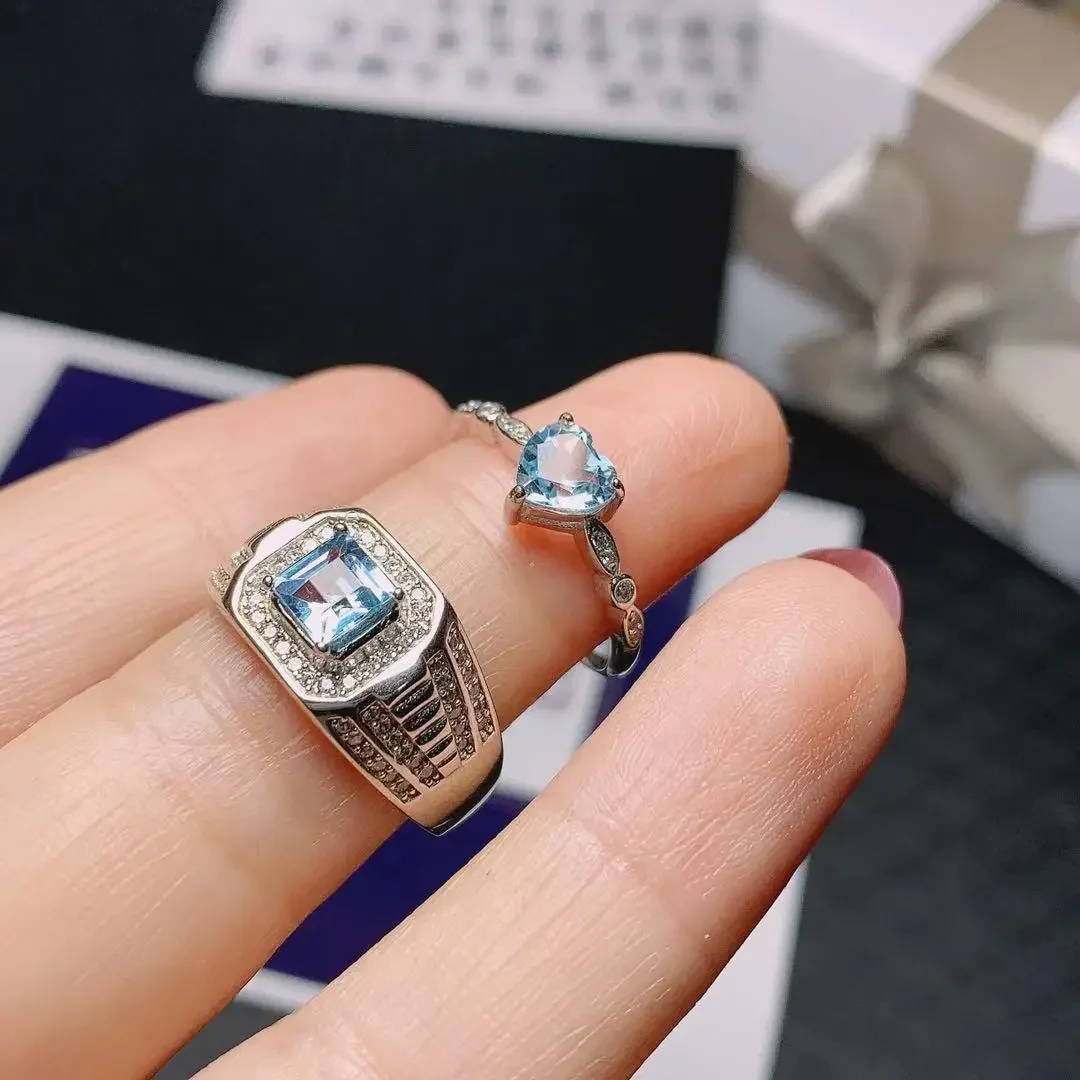 

Sky Blue Topaz Couple Rings for Engagement 5mm VVS Grade Natural Topaz Ring for Lovers 925 Silver Sterling Topaz Jewelry