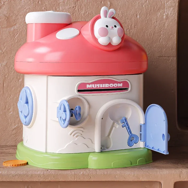 Hucha para niños, hucha en efectivo, juguete para niños, bancos de cajero automático, depósito de ahorro, casa de setas de dibujos animados, bote de dinero con desbloqueo de llave