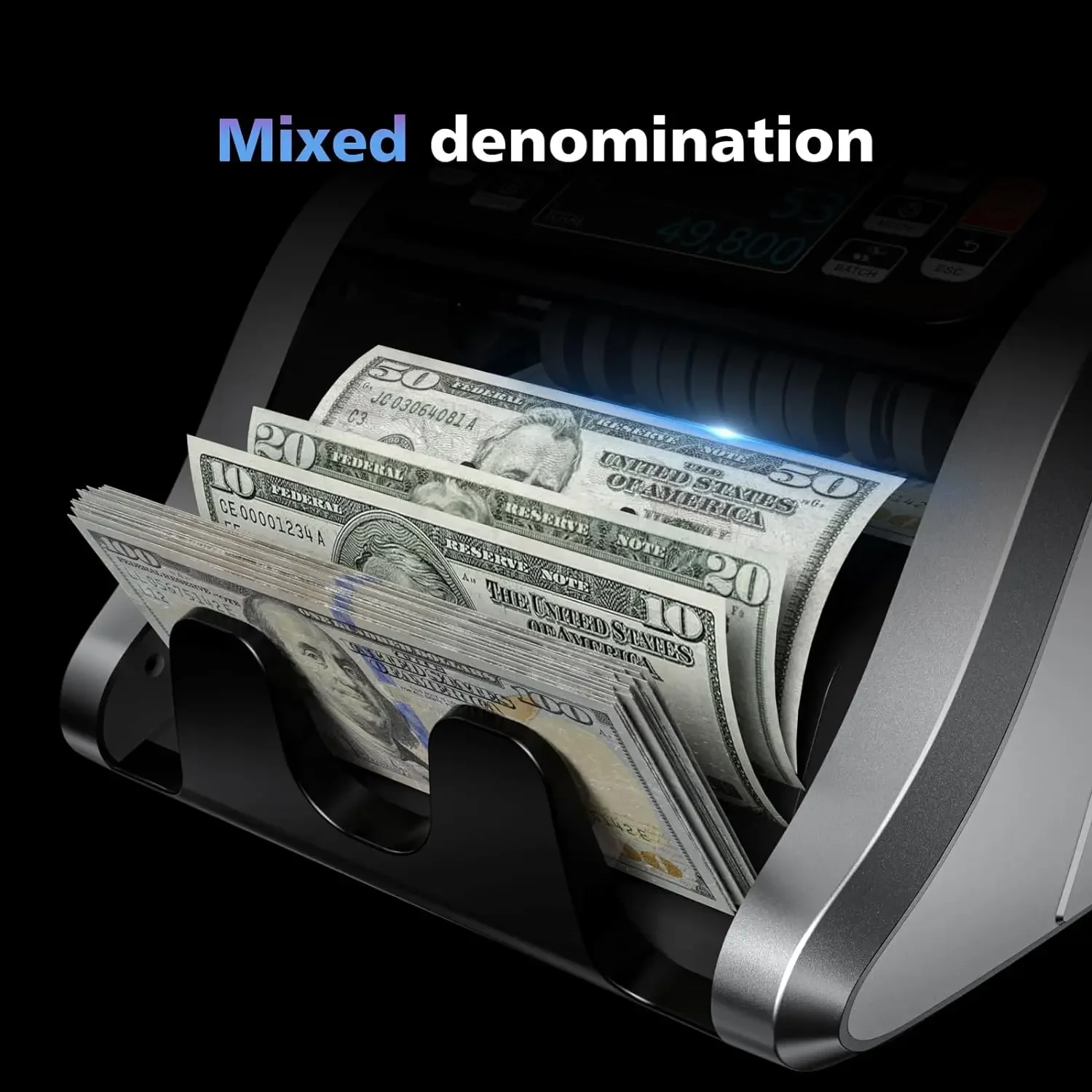 Mixed Denomination Money Counter Machine, Value Counting, UV/MG/IR/DD Counterfeit Detection