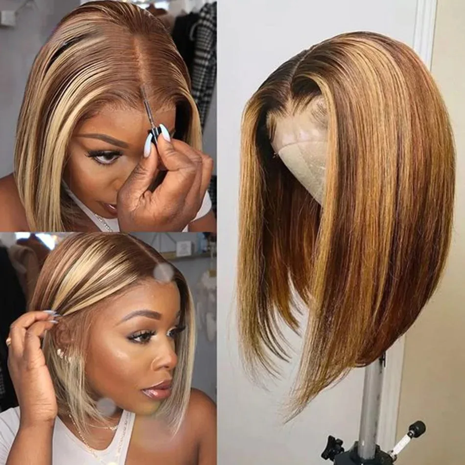 Highlight Blonde Wig Short Lace Front Wig 13x4 HD Straight Bob Wig Synthetic Free Part Tiny Knots Pre Plucked Beginner Friendly