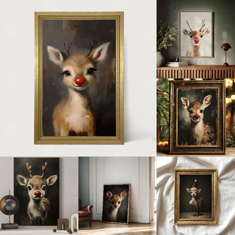 Christmas Red Nosed Reindeer Printed Painting Frameless Canvas Wall Art Festive Holiday Home Decor Cozy Winter Living Room