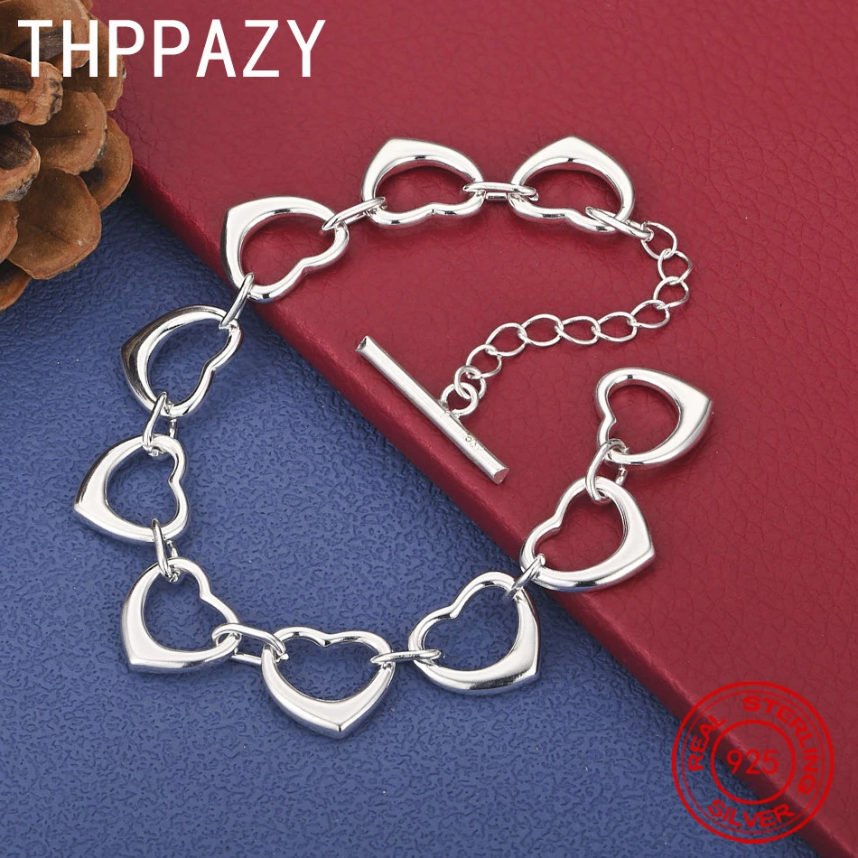 

THPPAZY 925 Sterling Silver Heart Bracelet 20cm Chain Romantic Valentine's Day Gift Fashion Party Sweet Cute Charm Jewelry