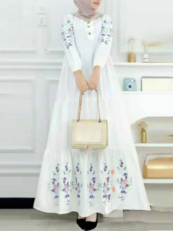 Vestidos muçulmanos da moda, bordados pesados, multicamadas, plissados, elegantes e elegantes, manga comprida, vestido maxi árabe