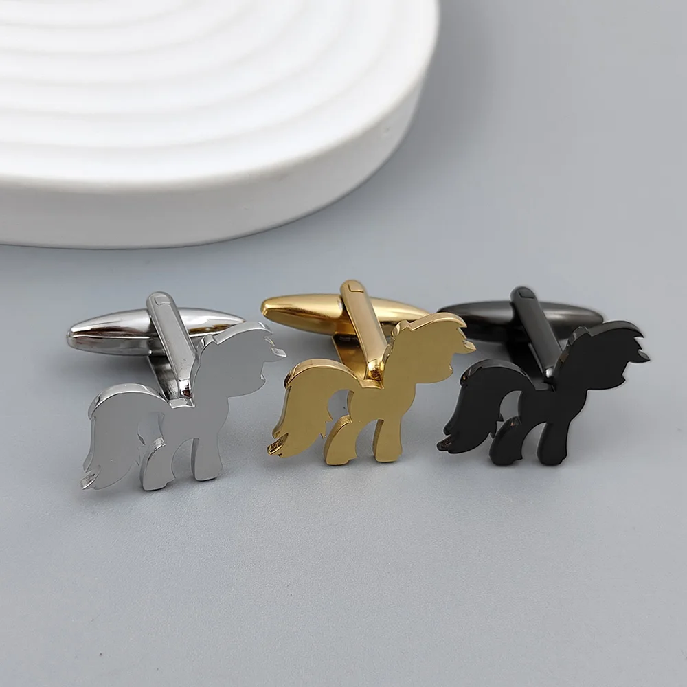 Funny pony cute cufflinks in gold-plated black, French shirt cuff accessories, worn by high-end business men