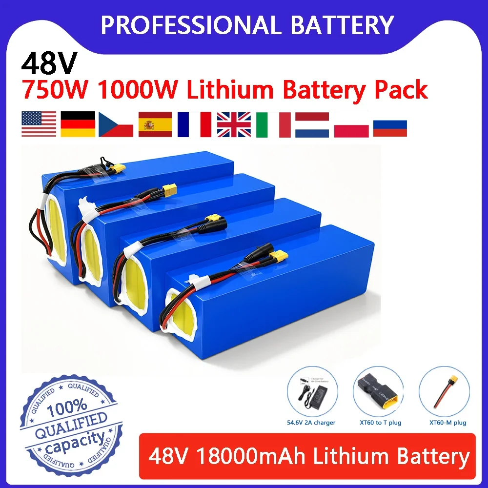 48V 18000mAh 1000W XT60 48V Lithium-ion Battery rechargeable Battery For Electric Car Bicycle Scooter Belt 30A BMS 54.6V Charger