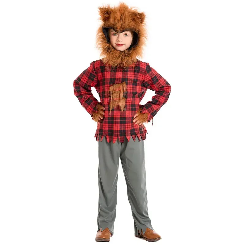 Disfraz de hombre lobo de Halloween para niños y niñas, disfraz de Animal, pequeño lobo rojo, Cosplay de lobo gris grande, disfraz de Wolfman feroz