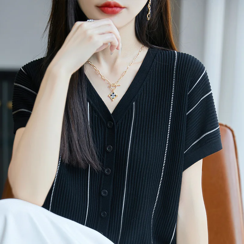 صيف جديد 100% ليوسيل المرأة قصيرة الأكمام عادية اللون منعت تي شيرت برقبة على شكل v فضفاضة وعصرية بلوفر مغزول #6