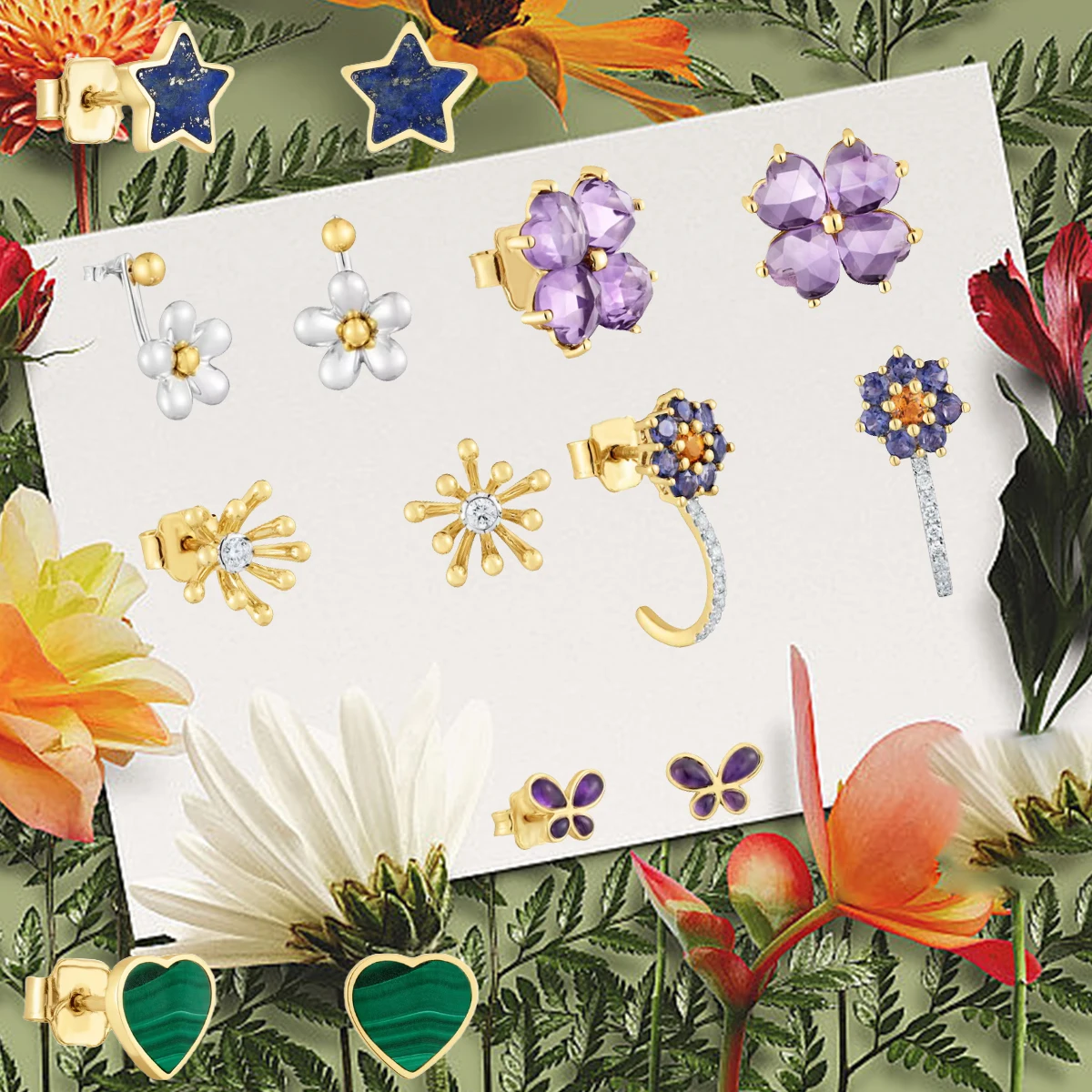 

2025 Stone Crafts Spanish Original 925 Silver Jewelry Crystal Flower Ear Heart-shaped Malachite Accessories Girls Exquisite Gift