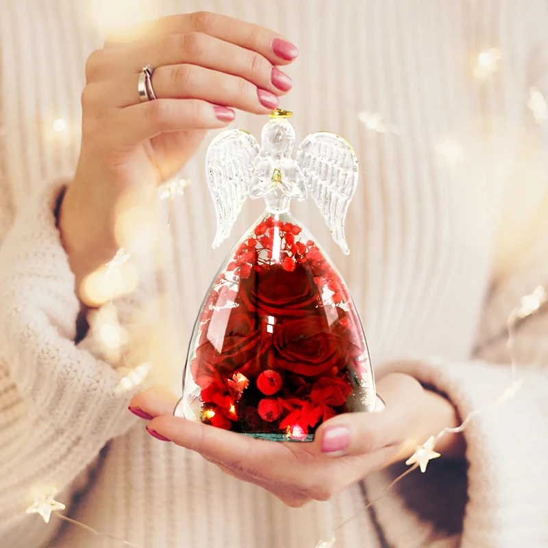 Estatueta de Anjo de Vidro Rosa Real, Light Up, Preservada, Roxo Azul, Quarto das Mulheres, Aniversário, Presente Do Dia Da Mãe, Presente De Luxo